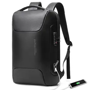 BANGE leather laptop backpack in brown, premium design with TSA lock, USB port