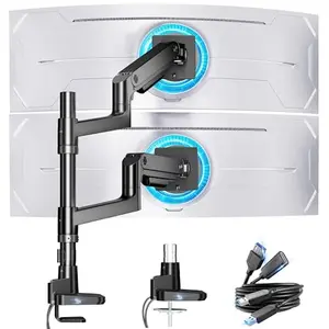 ARES WING dual monitor arm with USB ports and two stacked ultrawide monitors