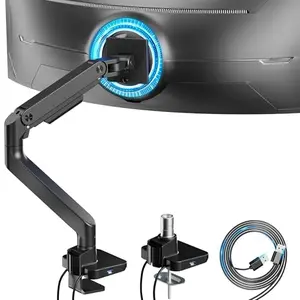 ARES WING Ultrawide Monitor Arm with USB ports on a desk holding a large curved monitor