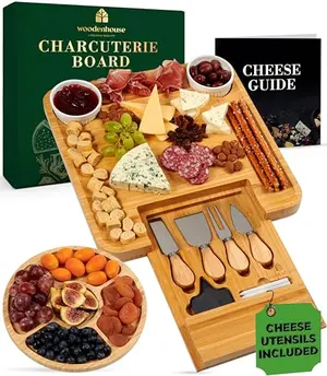 Woodenhouse bamboo charcuterie board set with utensils, bowls, and fruit tray