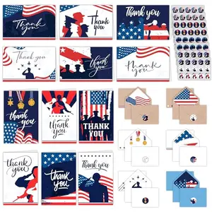 Box of 120 patriotic thank you cards with 12 different star and flag designs, matching envelopes, and sticker seals.
