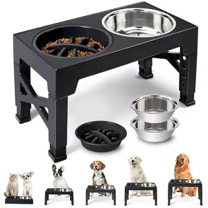 Heeyoo adjustable elevated dog bowl stand with two stainless steel bowls and one slow feeder bowl