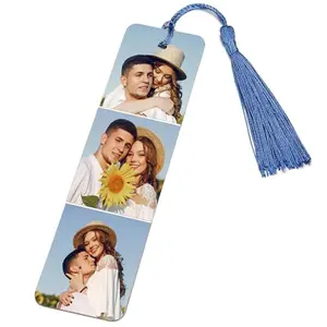 Custom photo metal bookmark with blue tassel and personalized images