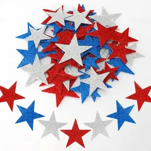 Pack of 90 glitter foam star stickers in red, blue, and silver with EVA material