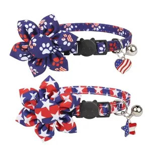 Two ADOGGYGO floral patriotic cat collars with removable flowers and bells