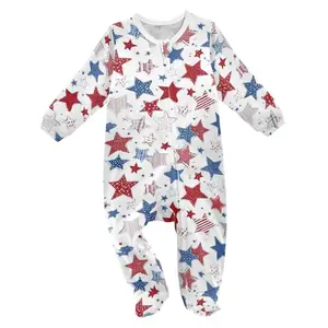 Baby in footie pajamas with USA flag pattern