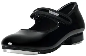 Linodes black patent tap shoes with easy strap closure