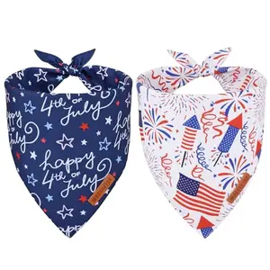 ADOGGYGO American Flag Dog Bandana in red, white, and blue with fireworks pattern, tied around a dog's neck