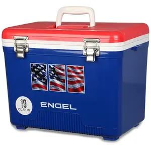 Engel 19 Quart hard cooler with American flag design on a camping trip