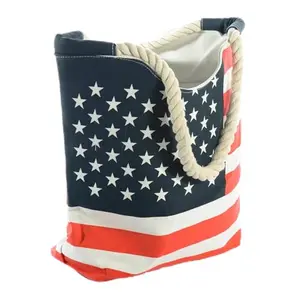 Canvas tote bag with American flag print and padded straps