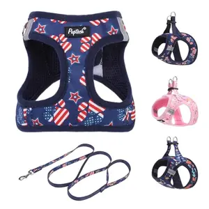 PUPTECK Stars and Strips Dog Harness and Leash Set in patriotic blue with reflective strips