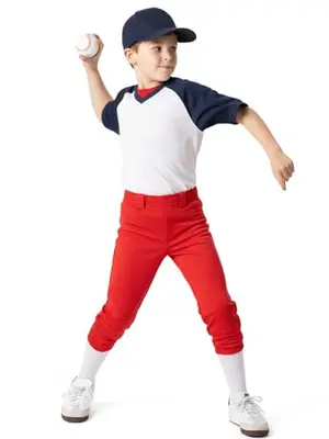 Red baseball pants with double-layer knee reinforcement, elastic waistband with drawstring, toddler size