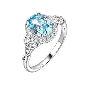 DAYBYDAY Oval Engagement Ring 925 Sterling Silver Aquamarine Celtic Ring Blue Stone