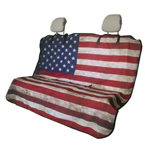 LoyaGour American Flag back seat cover installed in a car, showing full rear bench protection with patriotic design