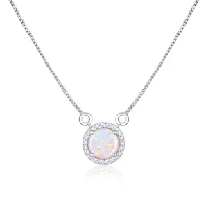 AILUOR Round White Opal Necklace with white gold plated chain