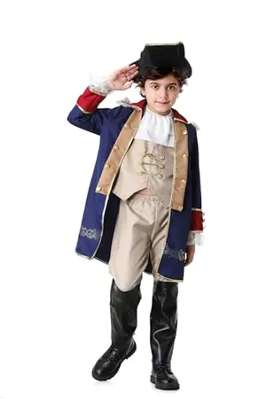 Boy in blue colonial coat with gold trim, brown vest, and tricorn hat