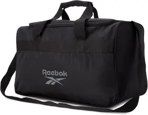 Reebok Warrior II duffle bag in black with grey logo showing side profile and handles