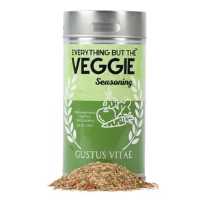 Gustus Vitae Everything But The Veggie Seasoning jar on a kitchen counter