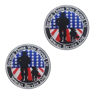 Two round veteran dog flag patches with hook and loop backing on a white background