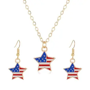 Gold-tone star dangle earrings and matching necklace with American flag colors