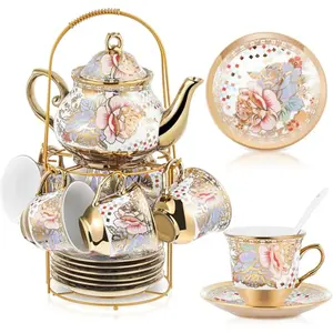 Zhehao porcelain tea set with floral pattern displayed on a metal stand