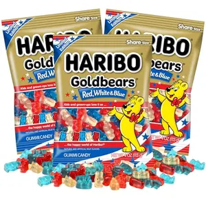 Three small bags of red, white, and blue Haribo gummy bears, packaged together as a set