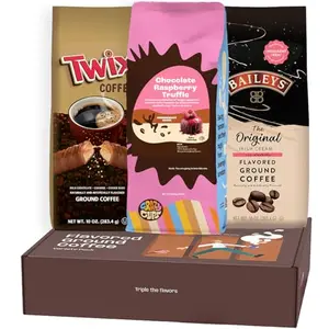 Perfect Samplers three-pack with Twix, Baileys, and Chocolate Raspberry flavored ground coffee