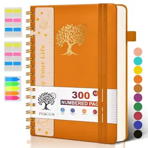 Orange faux leather spiral notebook with numbered pages and pen holder
