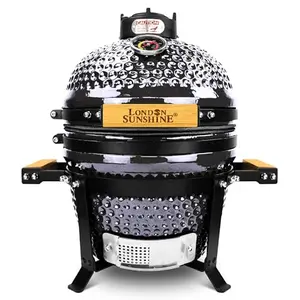 London Sunshine 13-inch ceramic kamado grill in light gray with bamboo handles