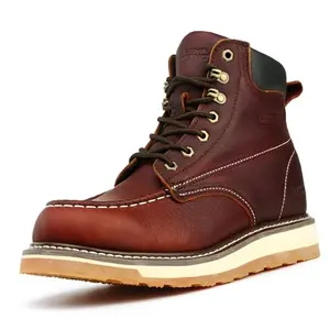 SAFETY LOONG Moc Toe Work Boots for Men in brown full-grain leather with wedge sole