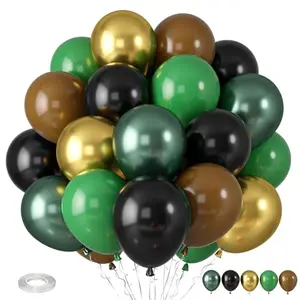 Paready green and brown camo balloons inflated and arranged in a cluster at a baby shower