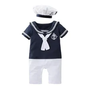 Dressy Daisy white sailor onesie with navy trim and hat for baby boy, nautical Halloween costume