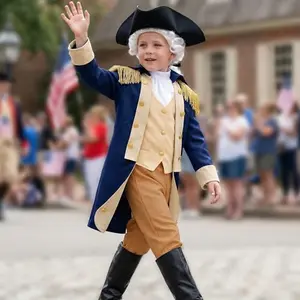 Boy in Gortykor George Washington costume with blue coat, wig, and hat