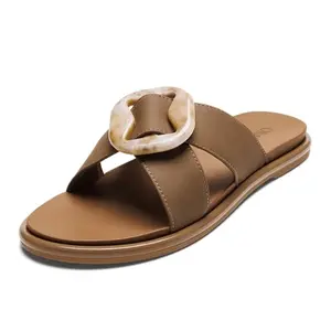 OLUKAI La'i women's tan slide sandal with crisscross straps and buckle detail