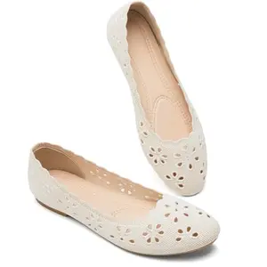 BABUDOG Women's Mesh Ballet Flats in nude with flower eyelet detail