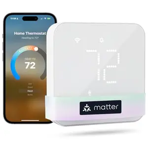 White meross Smart Thermostat on a wall with app interface
