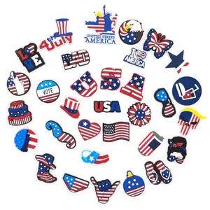 Sparkling patriotic shoe charms with American flag and I Love USA designs for Crocs