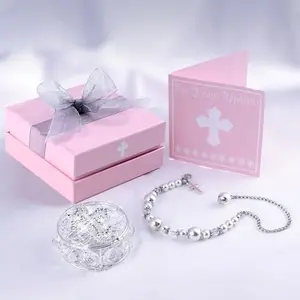 BigPig Baptism Set: Pearl Cross Bracelet, Jewelry Box, Gift Box, and Card for Baby Girl