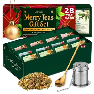 Gya Tea Co 14 Flavors Merry Tea Gift Set, 28 packs of loose leaf tea with infuser and spoon, Christmas gift