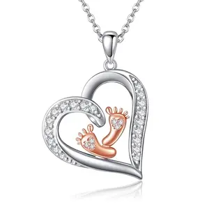 Sterling silver baby feet heart necklace for new mom