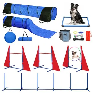 Tidjani red and blue dog agility course backyard set with two tunnels and jumps