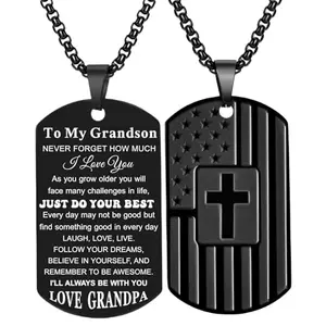 Dog tag necklace with American flag cross and engraved message from grandpa