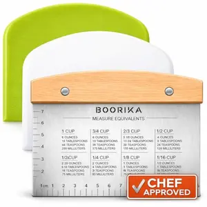 BOORIKA set of three dough scrapers with stainless steel and plastic, on gray background