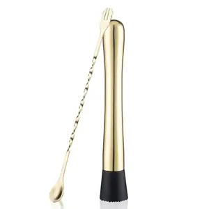 Gbuxska gold-plated cocktail muddler and mixing spoon set with nylon head
