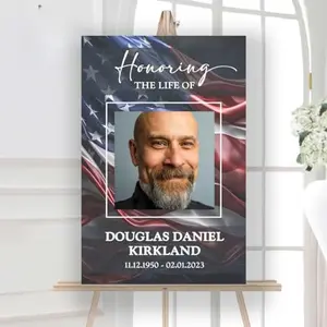 Personalized funeral poster with American flag and veteran's photo