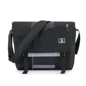 Black OIWAS messenger bag with reflective strips and multiple pockets
