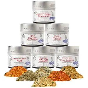 All American Wing Seasoning Set magnetic tins arranged in a row