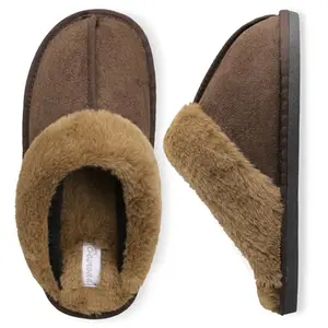 Besroad men's plush house slippers with thick fur collar and rubber sole in brown