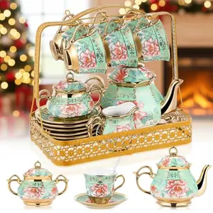 22-piece tea set with metal stand featuring green peony floral design