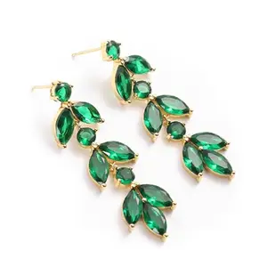 Bridal dangle earrings with emerald green rhinestone and crystal accents, elegant for wedding